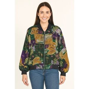 Jane Ashley | VTG Jewel Tone Fall Floral Puff Paint Bomber Oversized Coat Jacket